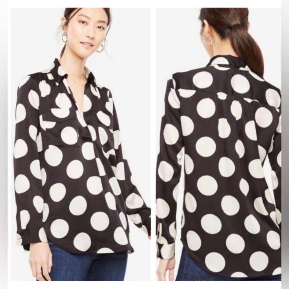 Ann Taylor black & white polka dot silky bottom button front blouse size small